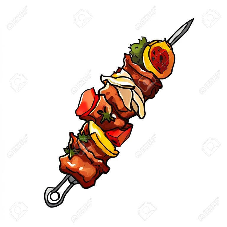 Fraîchement grillé, porc grillé, boeuf, viande d'agneau, shashlik, shish kebab, illustration vectorielle de style croquis sur fond blanc. Main réaliste dessin de viande grillée, barbecue sur bâton