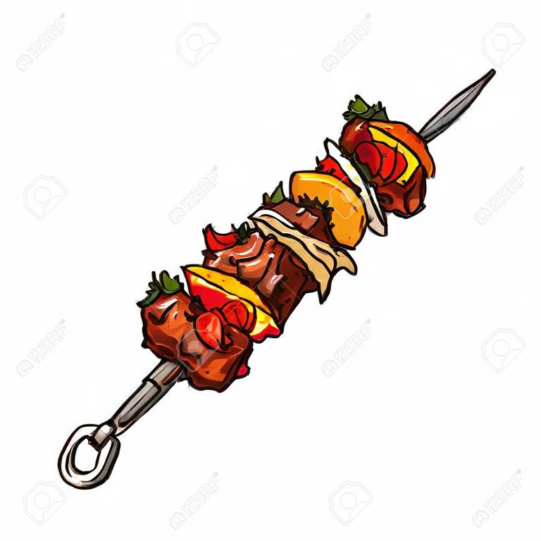 Fraîchement grillé, porc grillé, boeuf, viande d'agneau, shashlik, shish kebab, illustration vectorielle de style croquis sur fond blanc. Main réaliste dessin de viande grillée, barbecue sur bâton