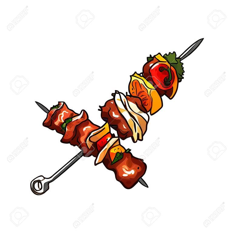 新鮮烤，燒烤豬肉，牛肉，羊肉，串，烤羊肉串，白色背景上的素描風格矢量圖。現實手繪的烤，燒烤肉在棍子上
