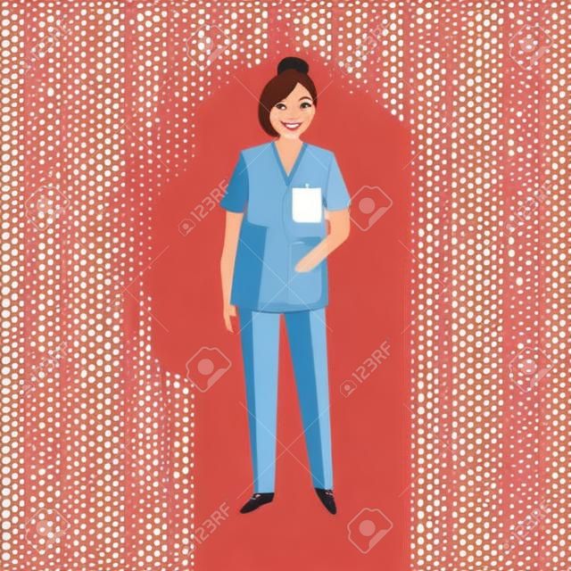 Vektor-flache Cartoon-Brünette niedliche Frau nurce in rot medizinische Kleidung lächelnd fröhlich. Erwachsener weiblicher Charakter. Isolierte Darstellung auf einem weißen Hintergrund.