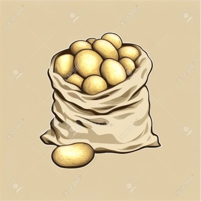 Saco de arpillera lleno de patata madura, dibujado a mano, ilustración de vector de estilo boceto aislado sobre fondo blanco. Dibujado a mano saco de patatas de arpillera completo, ilustración vectorial aislado