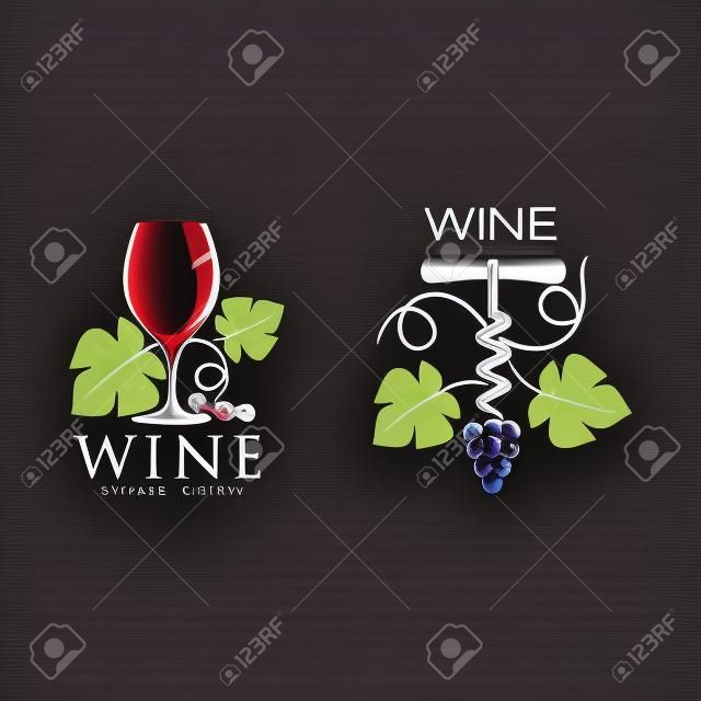 wine corkscrew, glass of wine decorated with grapevine with leaves, ripe grapes and twig set. Elegant Company logo, brand icon design. Isolated illustration on a white background.