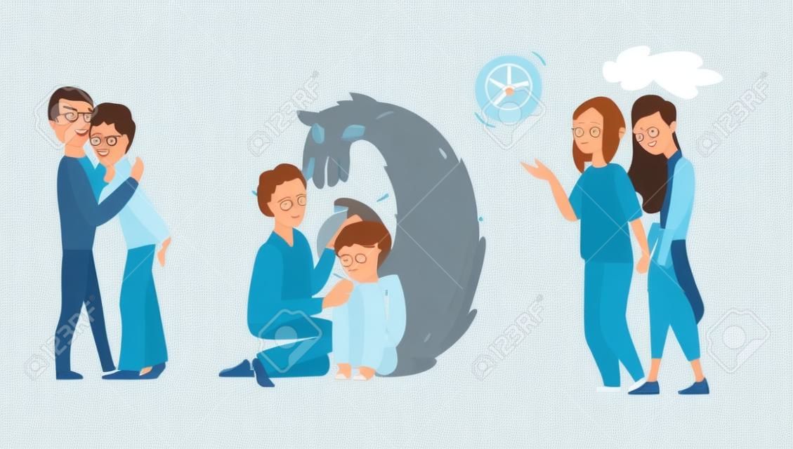 Helping people with mental disorder - calming down, soothing, showing way out, physiological, medical assistance, flat cartoon vector illustration isolated on white background. Mental disorders