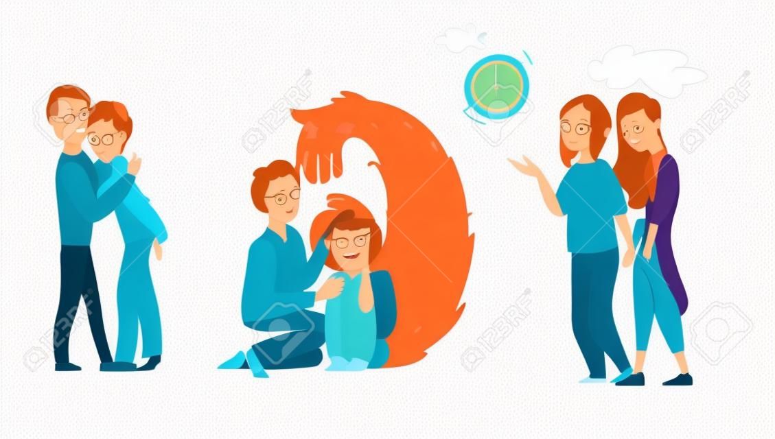 Helping people with mental disorder - calming down, soothing, showing way out, physiological, medical assistance, flat cartoon vector illustration isolated on white background. Mental disorders