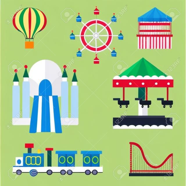 Парк аттракционов - колесо обозрения, карусель, горки, поезд, воздушный шар, надувной замок, тир, плоский стиль векторные иллюстрации, изолированных на белом фоне. Плоский набор значков парка развлечений