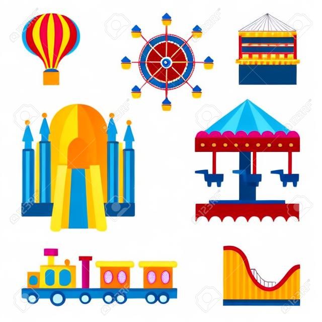 Amusement park set - Ferris wheel, carousel, rollercoaster, train, balloon, bouncy castle, shooting gallery, flat style vector illustration isolated on white background. Amusement park flat icon set