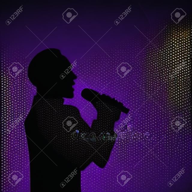 vector man with fashionable haircut silhouette portrait singing with microphone on purple background with spotlights. illustration on colored background.