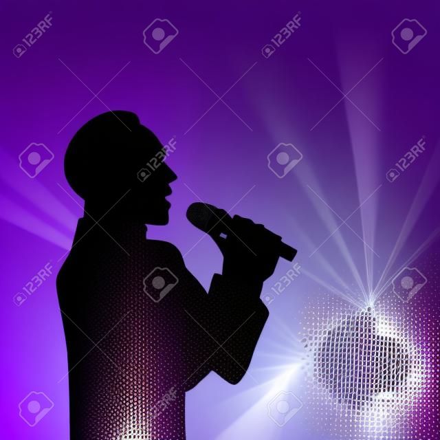 vector homem com elegante corte de cabelo silhueta retrato cantando com microfone no fundo roxo com holofotes. ilustração no fundo colorido.