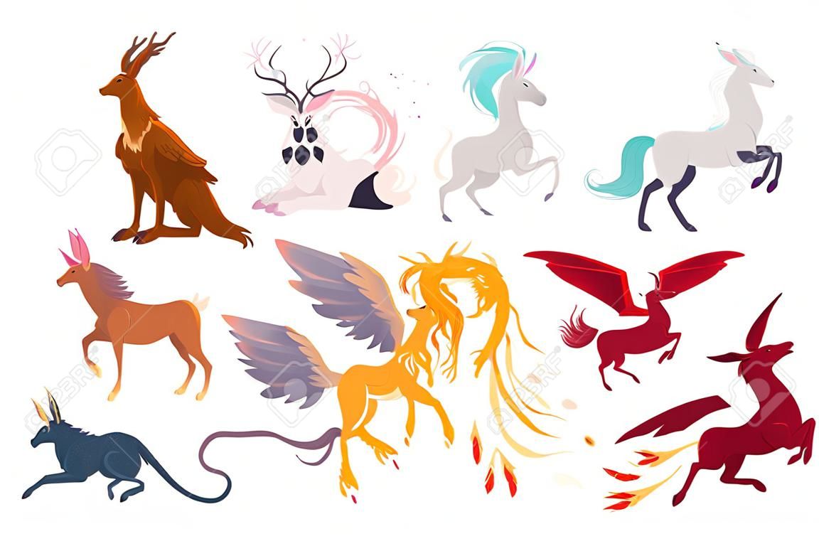 套神話，神話創造，動物-獨角獸，jackalope，菲尼斯，飛馬座，cerberus，griffon，龍，平面卡通矢量插圖孤立在白色背景上。套神話動物