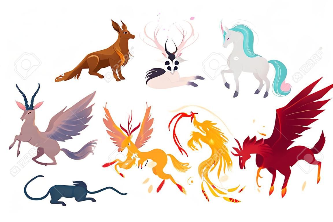 套神話，神話創造，動物-獨角獸，jackalope，菲尼斯，飛馬座，cerberus，griffon，龍，平面卡通矢量插圖孤立在白色背景上。套神話動物
