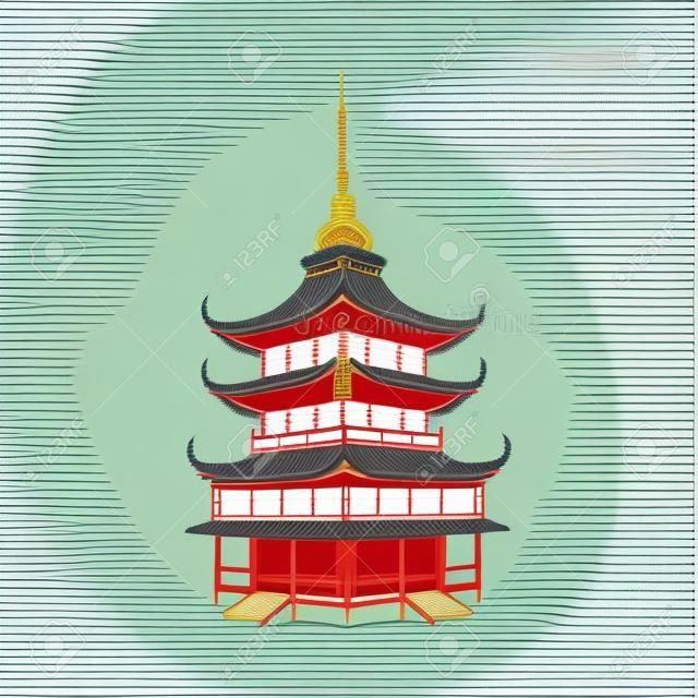 Costruzione tradizionale giapponese, cinese, asiatica della pagoda, illustrazione piana di vettore di stile isolata su fondo bianco. Tradizionale edificio pagoda giapponese, cinese, asiatico