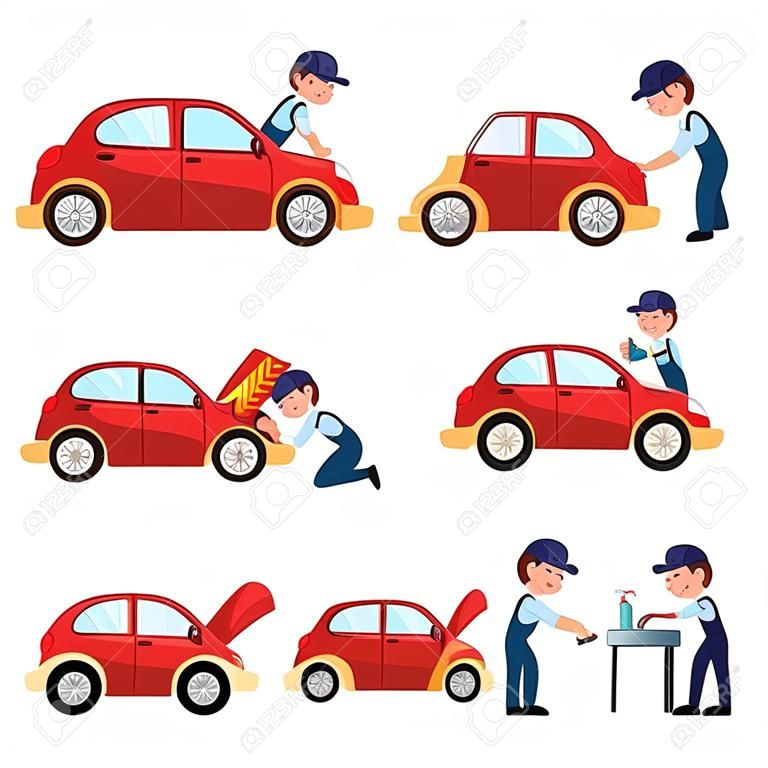 Auto mechanic working in car service, repair and maintenance workshop, cartoon vector illustration isolated on white background. Auto mechanic repairing, oiling, cleaning a car, car maintenance set