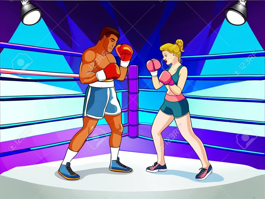 Two happy boxers, man and woman, boxing fighting on the ring, in spotlight, hand-drawn cartoon illustration.