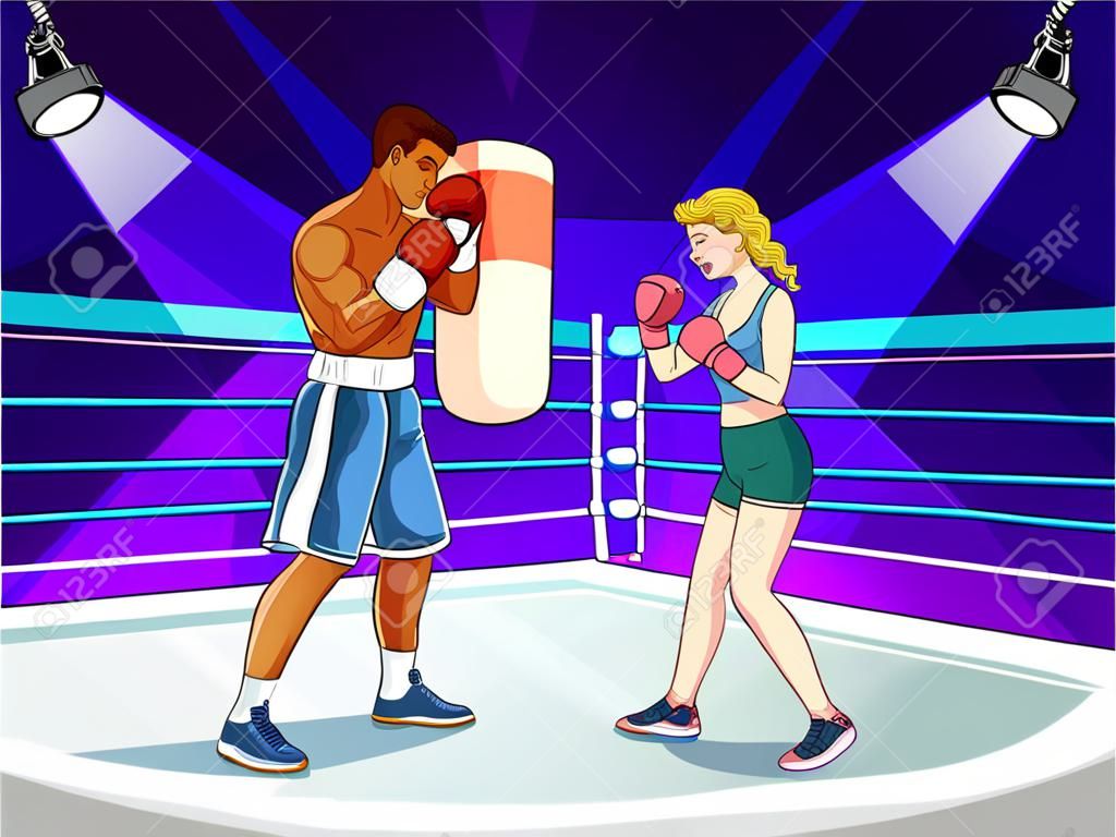 Два счастливых боксера, мужчина и женщина, боксерские бои на ринге, в центре внимания, рисованная карикатура.