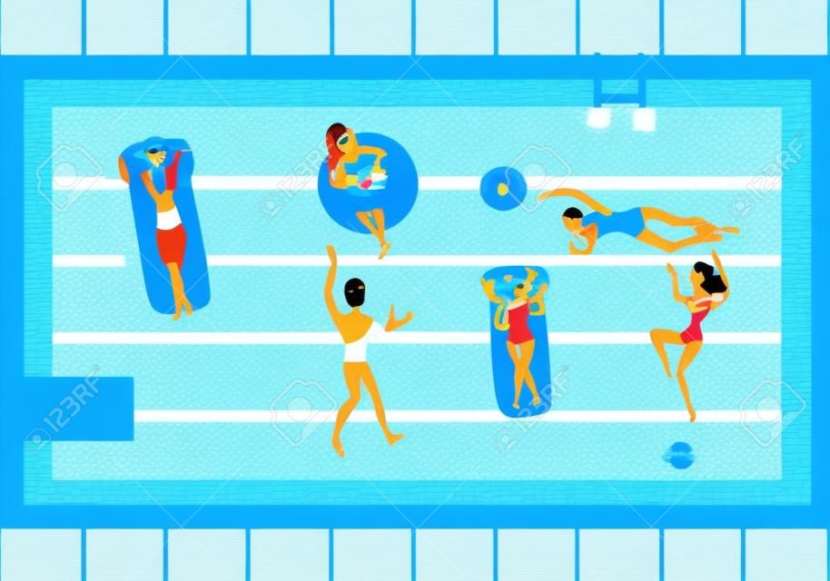 Vector cartoon people swimming in rectangle pool with blue tile walls water. Vacation summer travelling and holiday concept. Male female character having fun. Isolated illustration white background