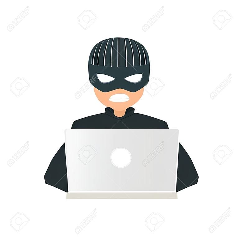 Hacker in black clothes and mask sitting behind laptop and stealing information and data isolated on white background - cartoon vector illustration of computer criminal thief.