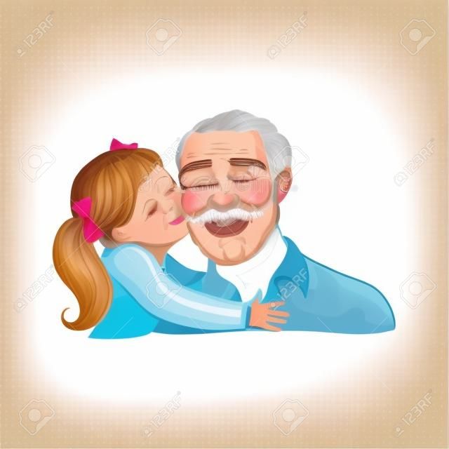 Kid girl kisses her grandfather on cheek isolated on white background. Sketch colorful vector illustration of happy grandparent and child. Loving and friendly family concept.