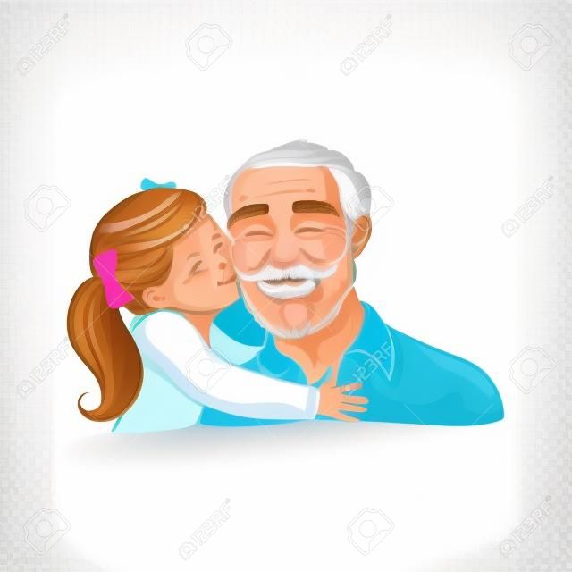 Kid girl kisses her grandfather on cheek isolated on white background. Sketch colorful vector illustration of happy grandparent and child. Loving and friendly family concept.