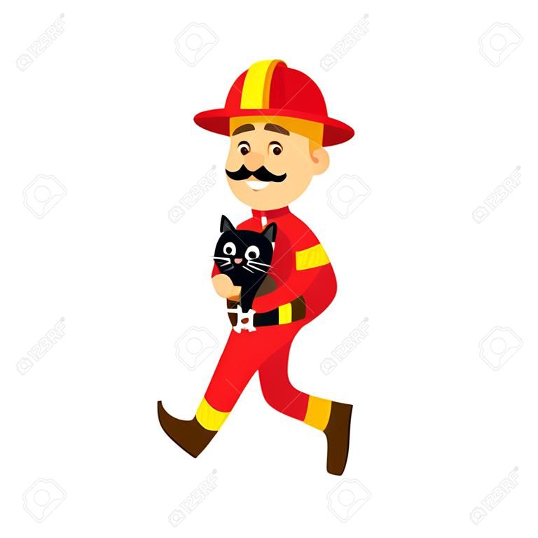 防火服を着た消防士、救助された猫を抱いて走っているヘルメット。男性消防士のキャラクターはフラットアイコンを微笑んでいます。緊急、救助隊員。ベクター分離図。