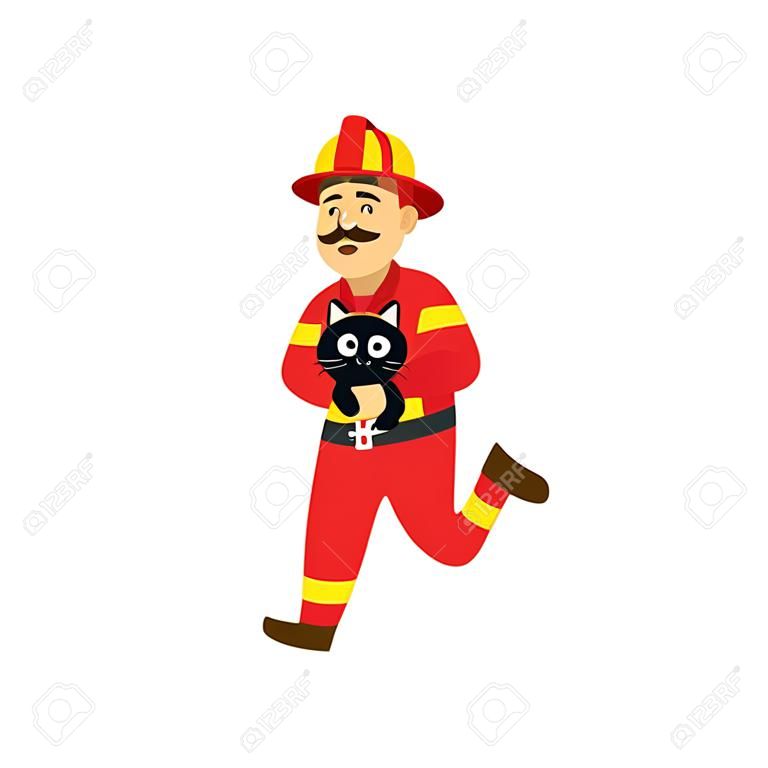 Fireman in fire protection uniform, helmet running holding rescued cat. Male firefighter character smiling flat icon. Emergency, rescue service worker. Vector isolated illustration.