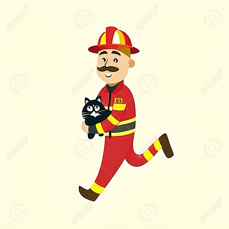 防火服を着た消防士、救助された猫を抱いて走っているヘルメット。男性消防士のキャラクターはフラットアイコンを微笑んでいます。緊急、救助隊員。ベクター分離図。