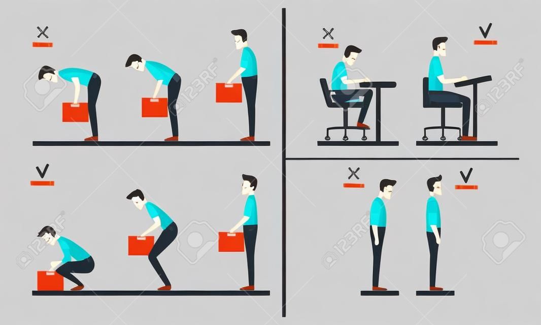 Correct, incorrect neck, spine alignment of young cartoon man character sitting at desk, lifting weight. Head bending positions, inclination of neck. Spine care concept. Vector isolated illustration