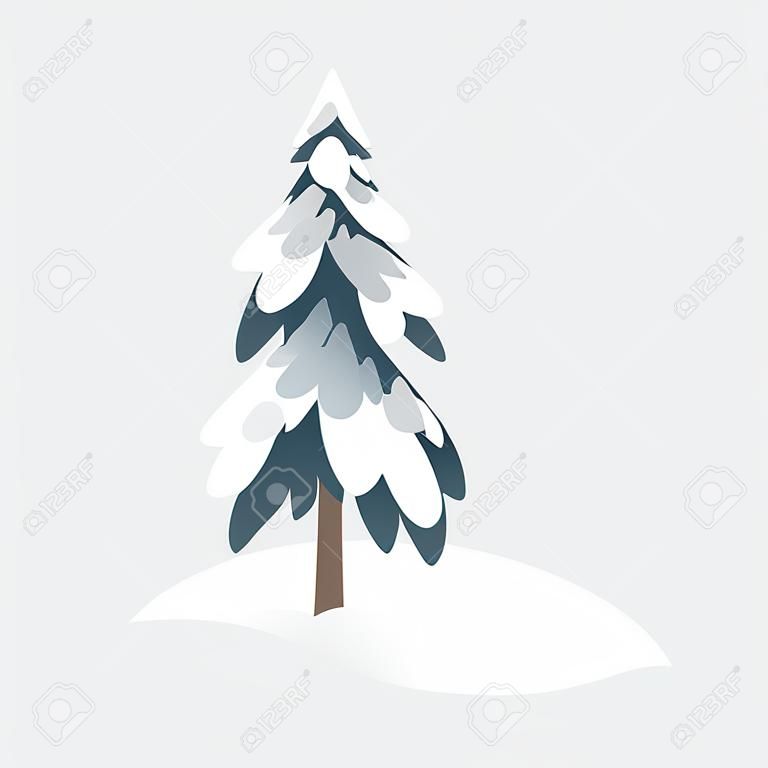 Snowy fir-tree vector illustration for seasonal natural design in flat style. Winter decorative element of forest or park spruce covered with snow isolated on white background.
