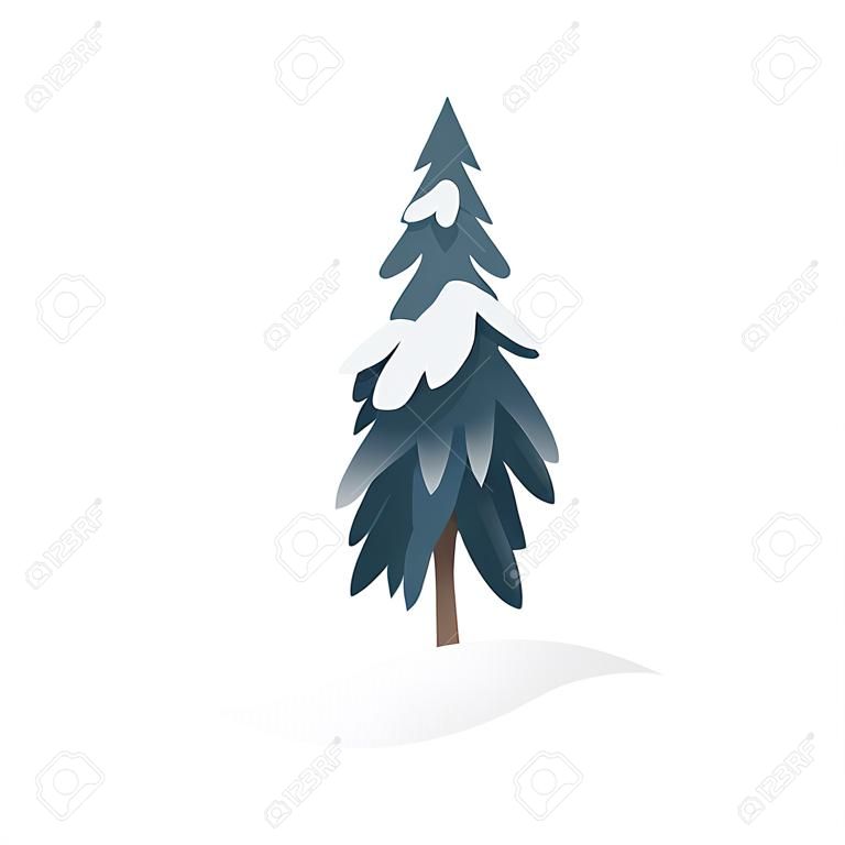 Snowy fir-tree vector illustration for seasonal natural design in flat style. Winter decorative element of forest or park spruce covered with snow isolated on white background.