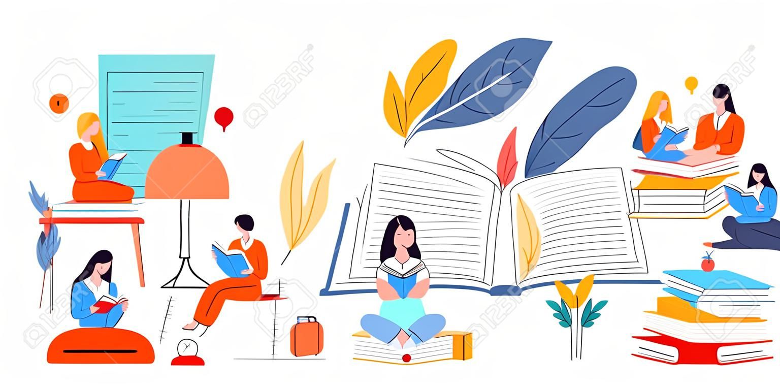 Personnes de concept d'éducation stylisée de vecteur, ensemble d'objets. Des femmes plates, des hommes debout, des jambes assises croisées, un livre de lecture allongé avec plaisir et un sourire au visage près des livres, des crayons et des fleurs.