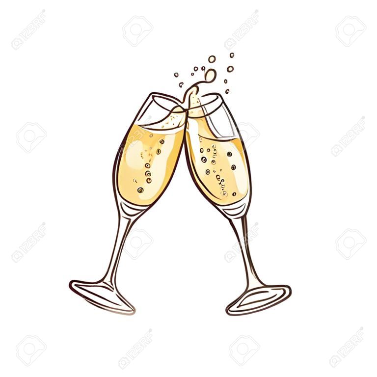 Vector illustration of two wineglasses with champagne in sketch style - hand drawn glasses of golden fizzy alcohol drink clinking with splash isolated on white background.