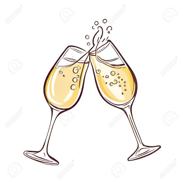 Vector illustration of two wineglasses with champagne in sketch style - hand drawn glasses of golden fizzy alcohol drink clinking with splash isolated on white background.