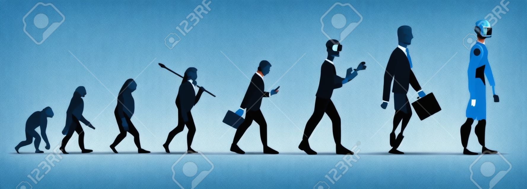 Vector evolution concept with ape to cyborg and robots growth process with monkey, caveman to businessman in suit wearing VR headset, artificial legs person and robotic creature. Mankind development