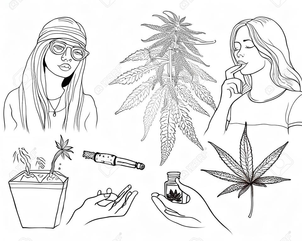 Vector cannabis roken schets collectie. Hippie meisje met onkruid joint, hennep spliff, jonge vrouw met sigaret, marihuana plant in pot, knoppen in pakket, handen met bong. Monochrome illustratie