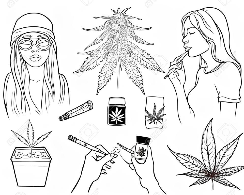 Vektor Cannabis Rauchen Skizzensammlung. Hippie-Mädchen mit Unkrautgelenk, Hanfspliff, junge Frau mit Zigarette, Marihuana-Pflanze im Topf, Knospen im Paket, Hände mit Bong. Monochrome Abbildung