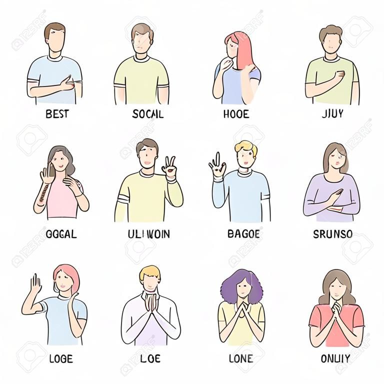 Uomini vettoriali, donne che mostrano il simbolo della lingua dei segni sordomuto di base. Sorridente schizzo femminile, personaggio maschile e set di segni di comunicazione a mano. Comunicazione sociale diversa, parola base