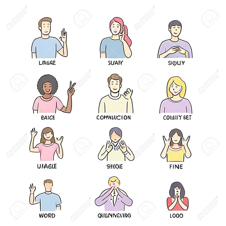 Vector mannen, vrouwen tonen basis dove-mute gebarentaal symbool. Lachende schets vrouwelijk, mannelijk karakter en hand communicatie teken set. Verschillende sociale communicatie, basiswoord