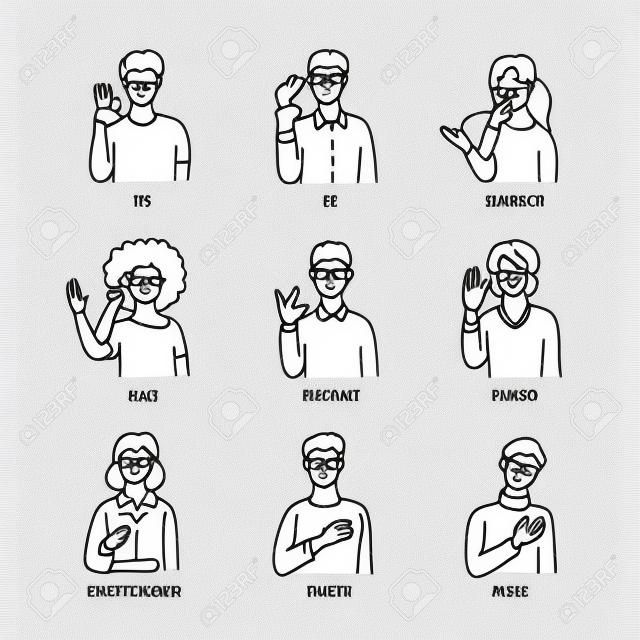 Palavras básicas em inglês surda na arte de linha isolada no fundo branco - conjunto de ilustração vetorial de pessoas usando gesto na linguagem de sinais americana. Coleção educacional de fingerspelling.