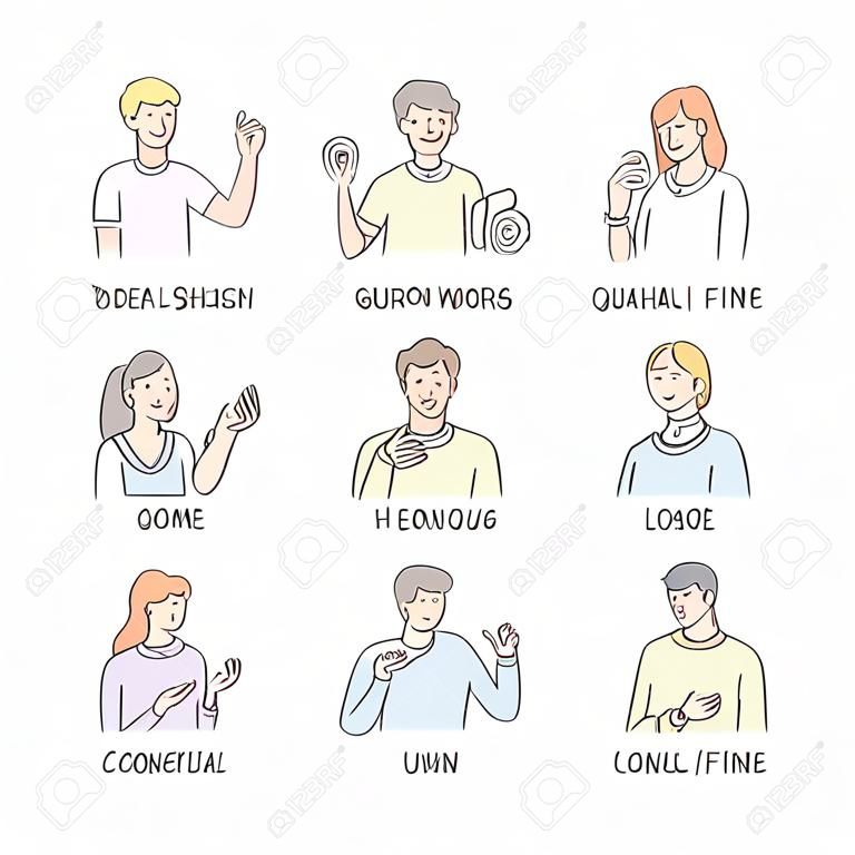 Palabras básicas en inglés para sordos en arte lineal aislado sobre fondo blanco - conjunto de ilustración vectorial de personas que usan gestos en lenguaje de señas americano. Colección educativa de deletreo manual.