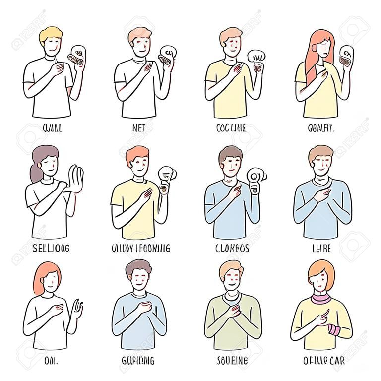 白い背景に隔離されたラインアートの耳の聞こえない英語の基本的な言葉 - アメリカの手話でジェスチャーを使用して人々のベクトルイラストセット。指のスペルの教育コレクション。