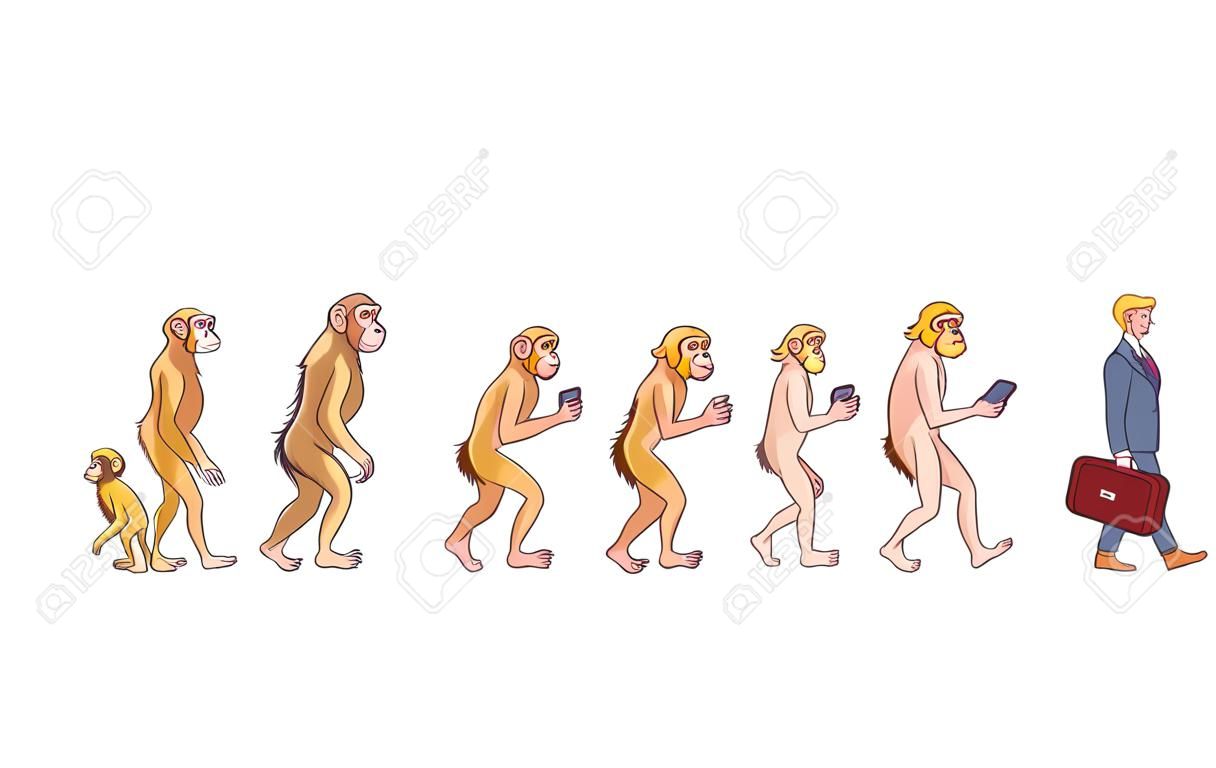 Vector evolution concept with ape to man growth process with monkey, caveman to businessman in suit holding suitcase using smartphone. Mankind development, darwin theory