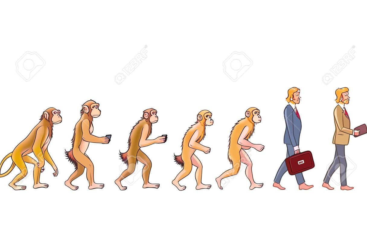 Vector evolution concept with ape to man growth process with monkey, caveman to businessman in suit holding suitcase using smartphone. Mankind development, darwin theory