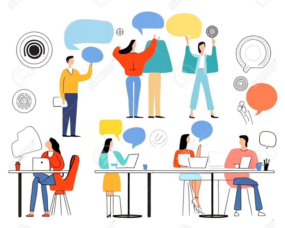 Vector stylized male, female colleagues discussing working process, business projects gesticulating with empty speech bubbles above heads holding devices, sitting at table set. Women, men at meeting