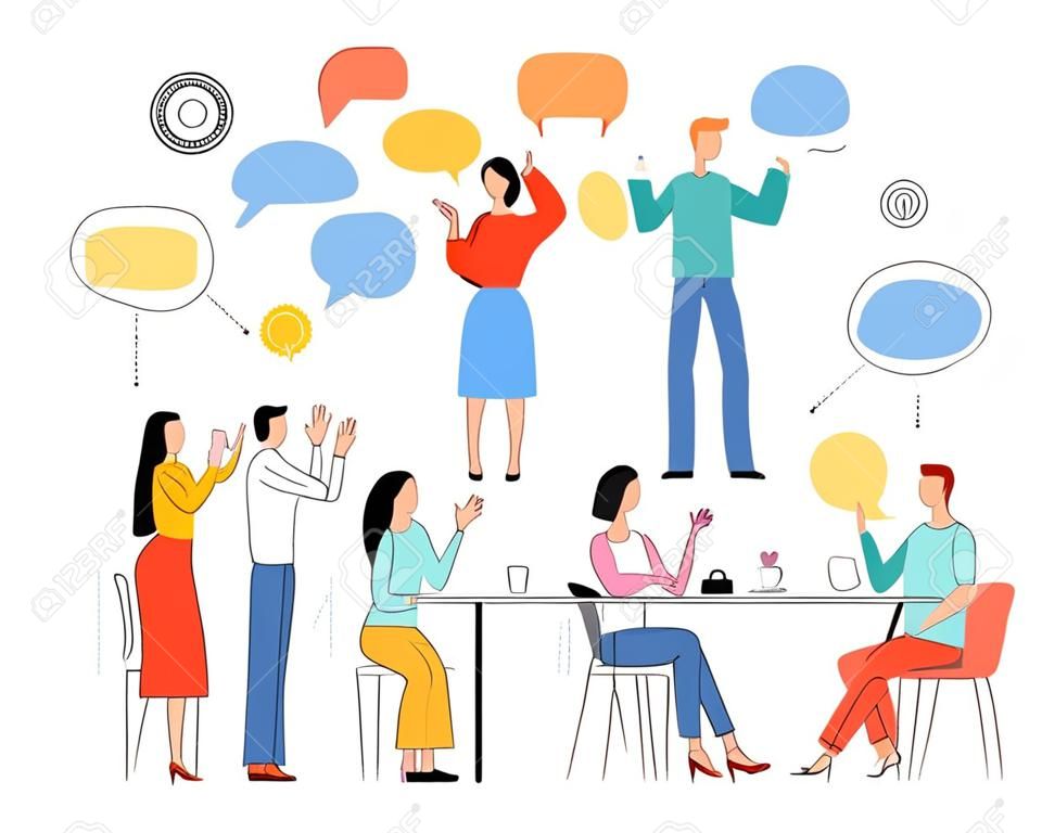Vector stylized male, female colleagues discussing working process, business projects gesticulating with empty speech bubbles above heads holding devices, sitting at table set. Women, men at meeting