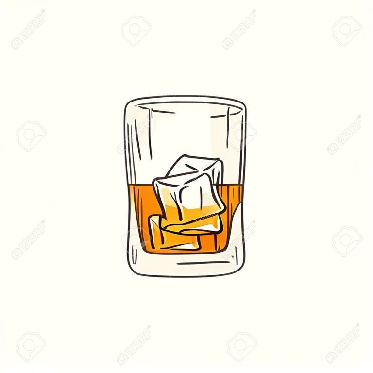 Bicchiere di whisky o rum di vettore con icona di schizzo di cubetti di ghiaccio. Tazza per bevande alcoliche per celebrazioni di lusso o design pubblicitario del prodotto. Bevanda da festa sparata con liquido arancione. Illustrazione isolata