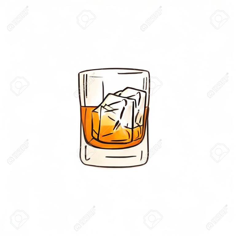 Bicchiere di whisky o rum di vettore con icona di schizzo di cubetti di ghiaccio. Tazza per bevande alcoliche per celebrazioni di lusso o design pubblicitario del prodotto. Bevanda da festa sparata con liquido arancione. Illustrazione isolata