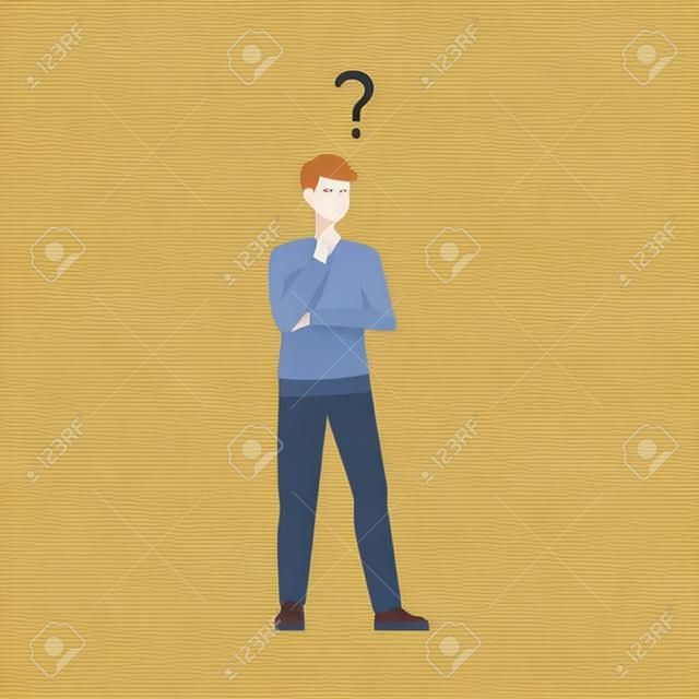 Vector young blonde man in casual clothing standing in thoughtful pose holding his chin thinking with questions above head. Isolated illustration portrait in flat style