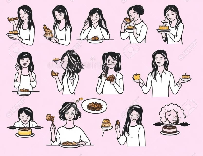 Set van vrouwelijke personages met dessert cake schets stijl, vector illustratie geïsoleerd op witte achtergrond. Vrouwen met verschillende emoties eten ongezond voedsel in verschillende situaties