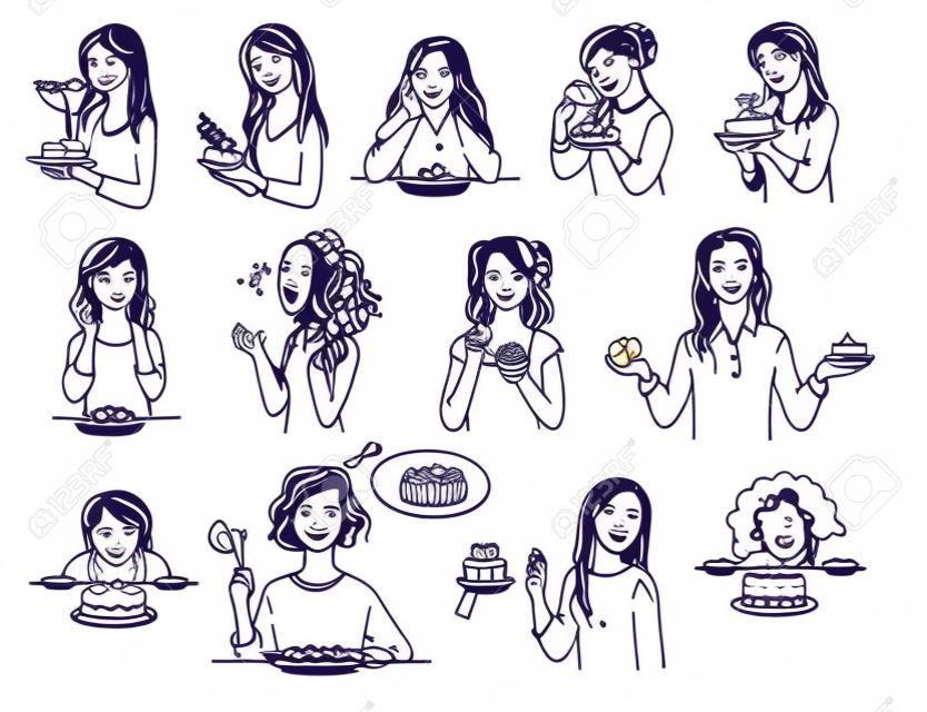 Zestaw postaci kobiecych z deser ciasto zarys styl szkic, wektor ilustracja na białym tle. Kobiety z różnymi emocjami jedzące niezdrową żywność w różnych sytuacjach