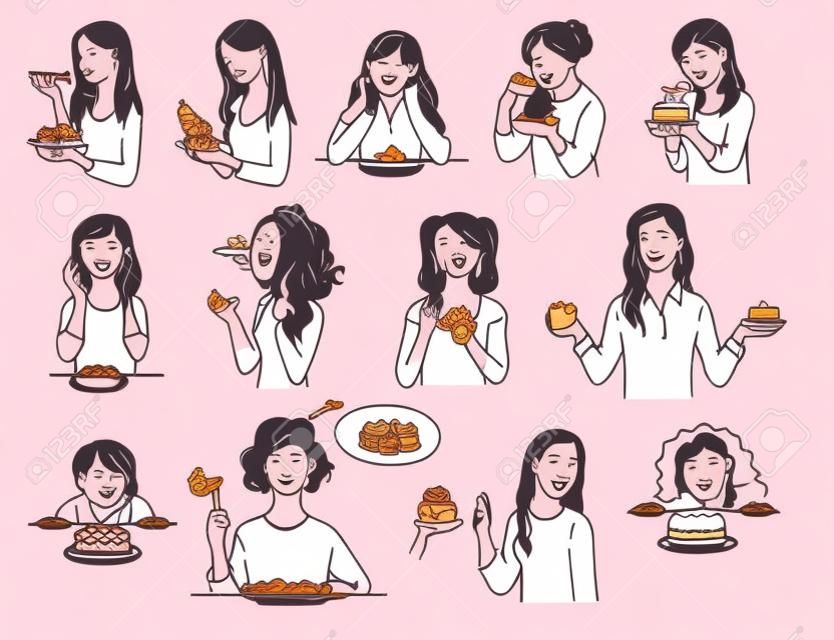 Conjunto de personajes femeninos con estilo de dibujo de contorno de pastel de postre, ilustración vectorial aislado sobre fondo blanco. Mujeres con diversas emociones que comen alimentos poco saludables en diferentes situaciones.