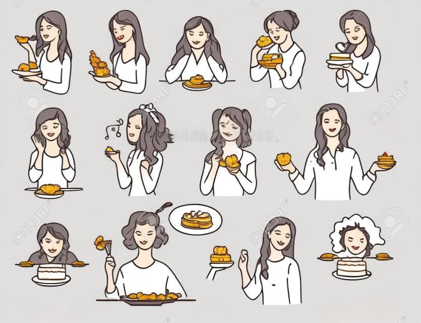 Conjunto de personajes femeninos con estilo de dibujo de contorno de pastel de postre, ilustración vectorial aislado sobre fondo blanco. Mujeres con diversas emociones que comen alimentos poco saludables en diferentes situaciones.